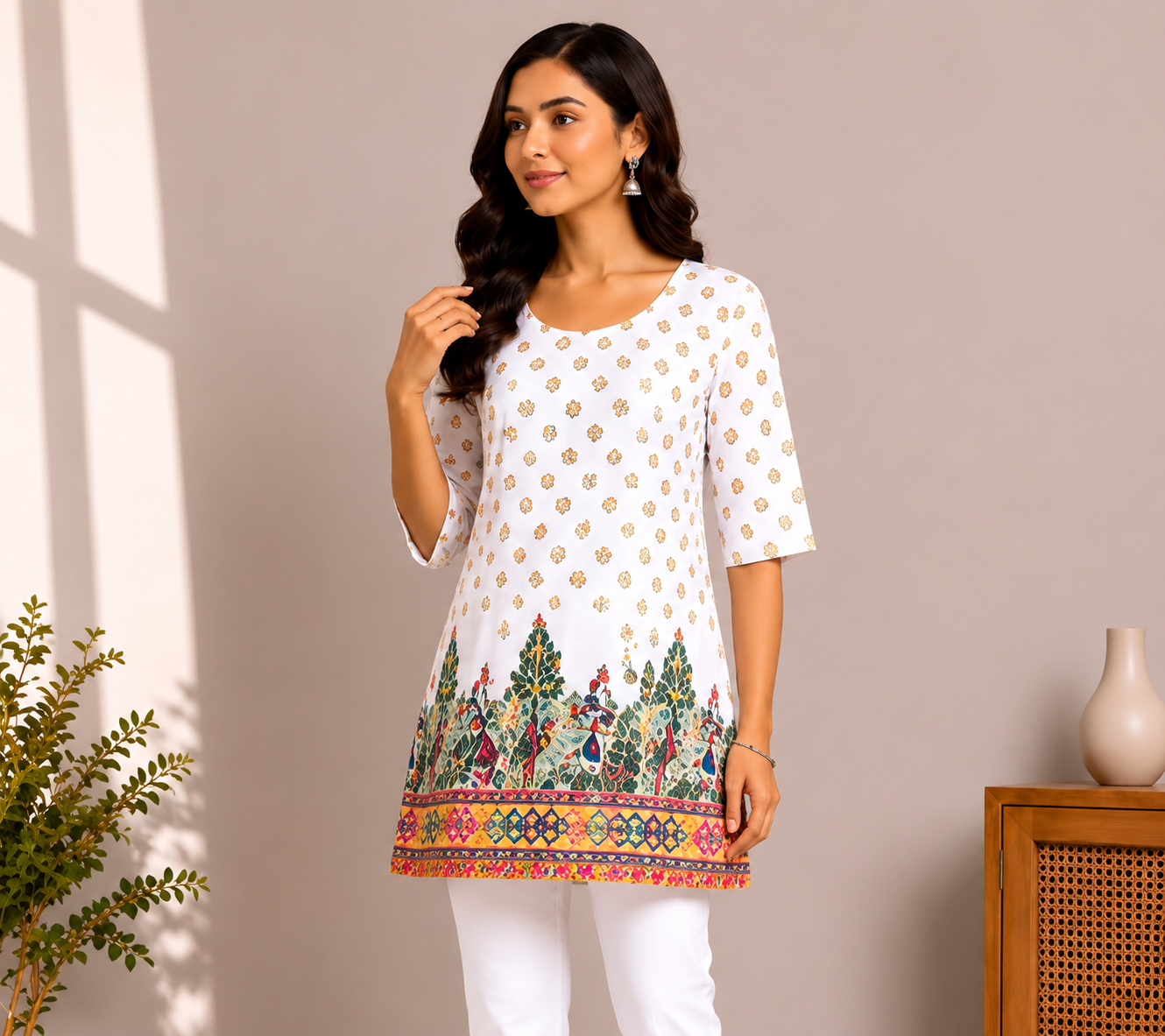 White Printed A-Line Short Kurti