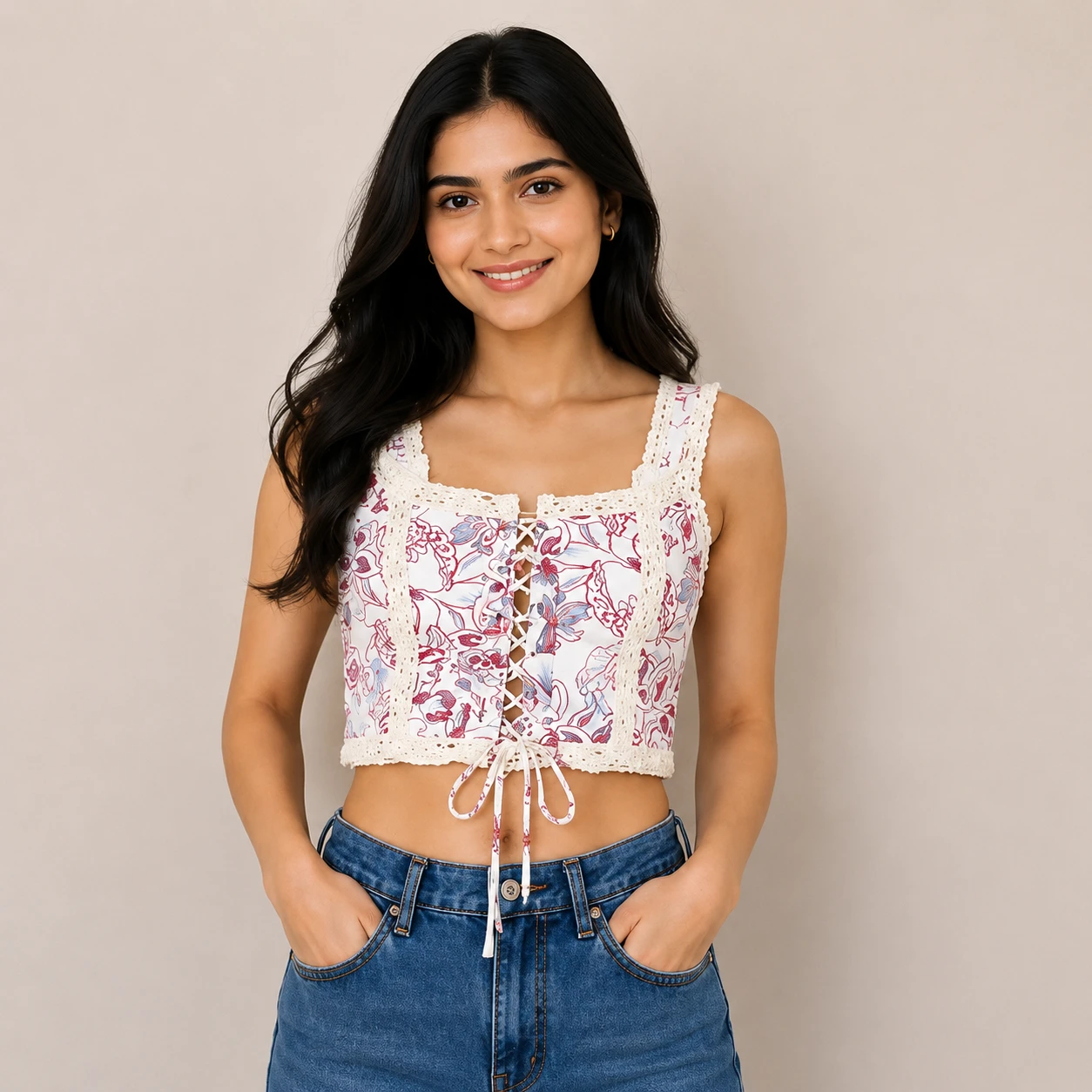 Crochet Crop top (Lvory white&Pink)