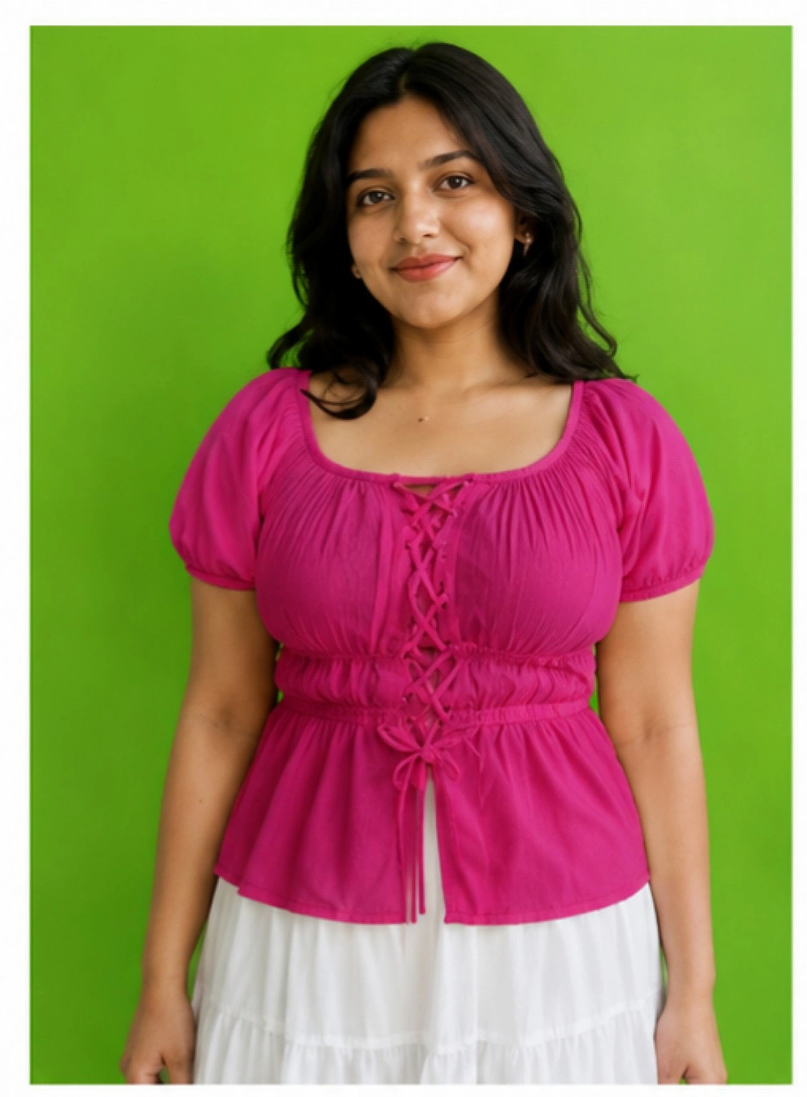 Pink Smocked Lace-Up Peplum Top