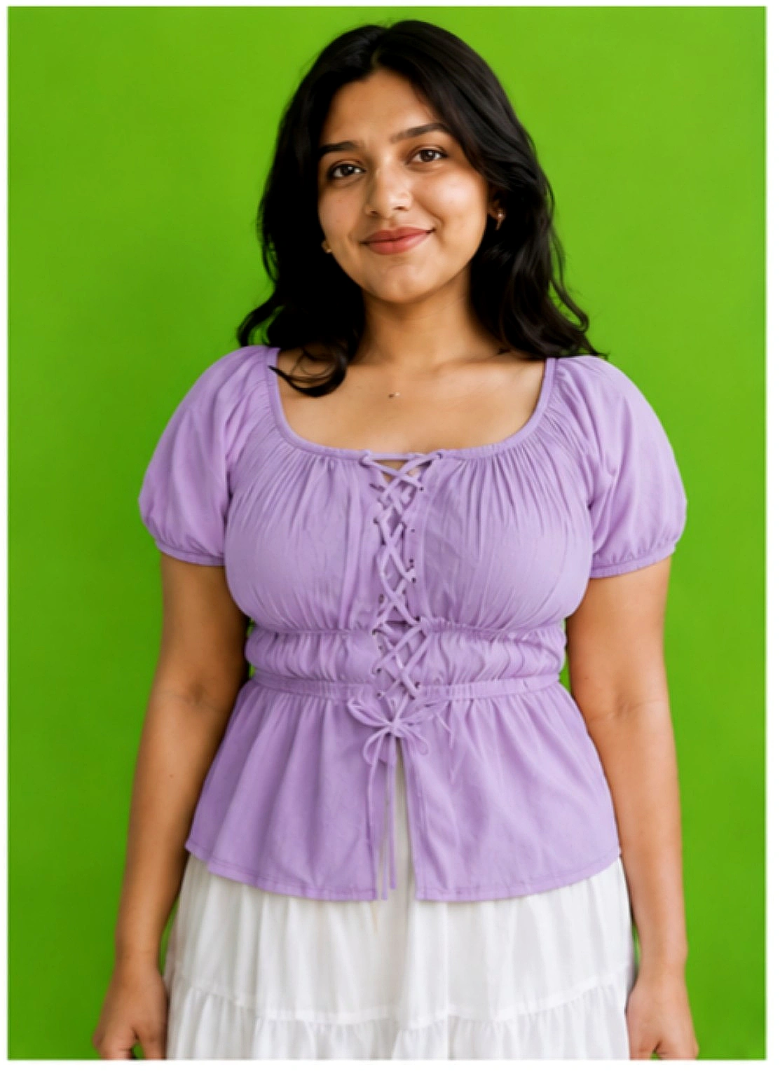 Purple Smocked Lace-Up Peplum Top