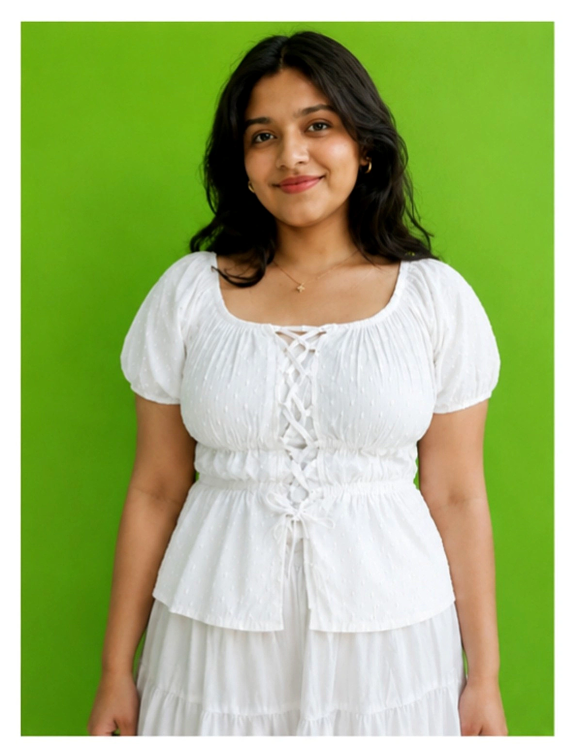 White Smocked Lace-Up Peplum Top