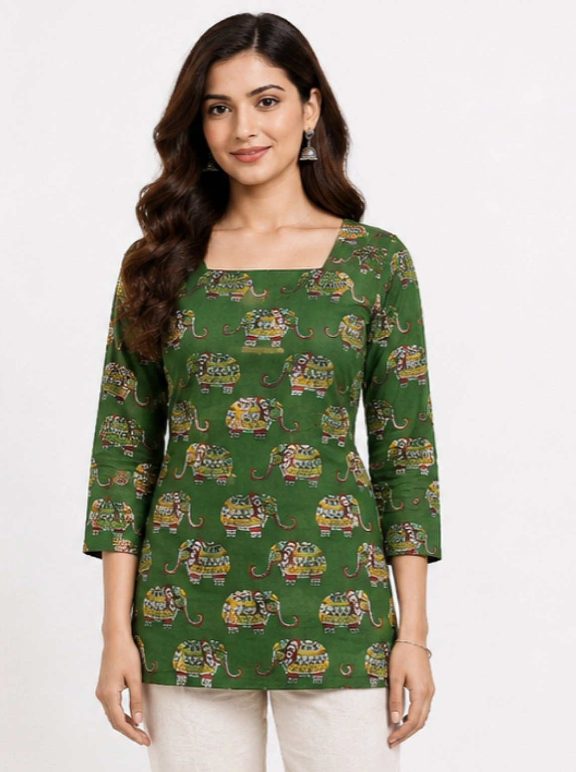 Green Ethnic Print Short Kurti