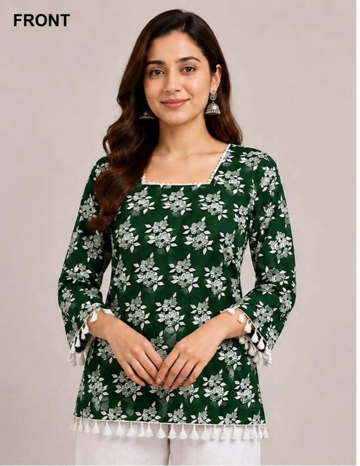 Green Floral Tassel Short Kurti