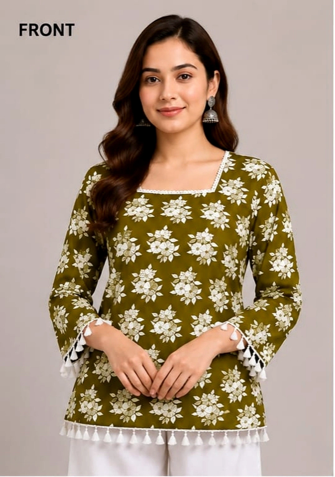 Olive Green Floral Tassel Short Kurti