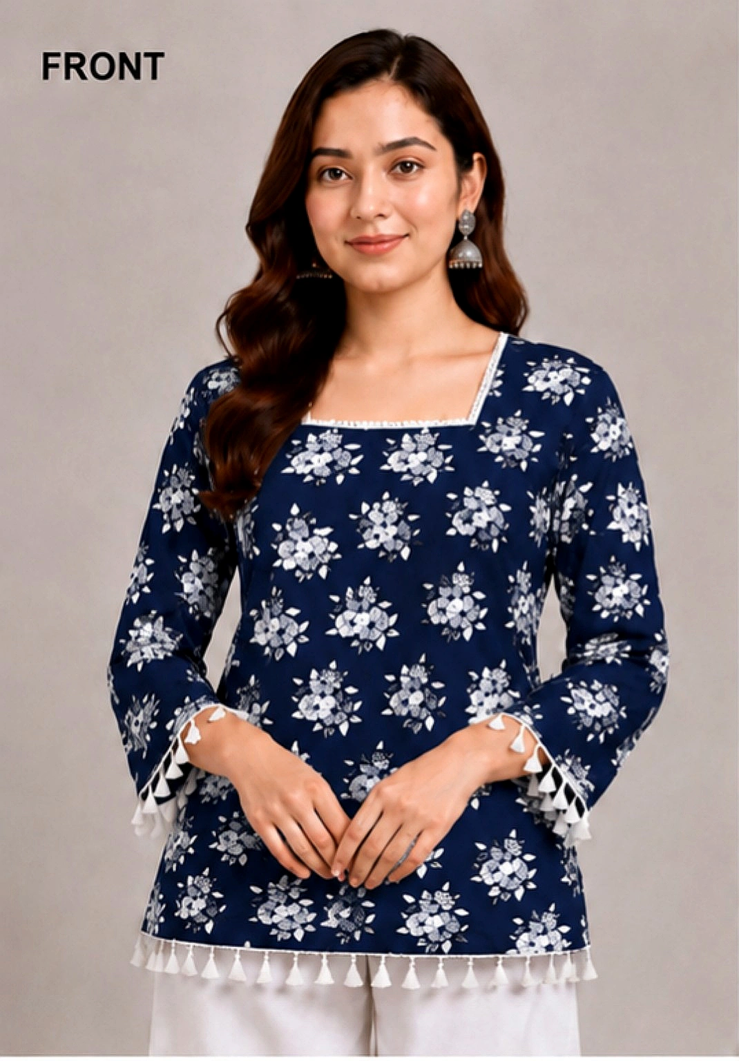 Navy Blue Floral Tassel Short Kurti