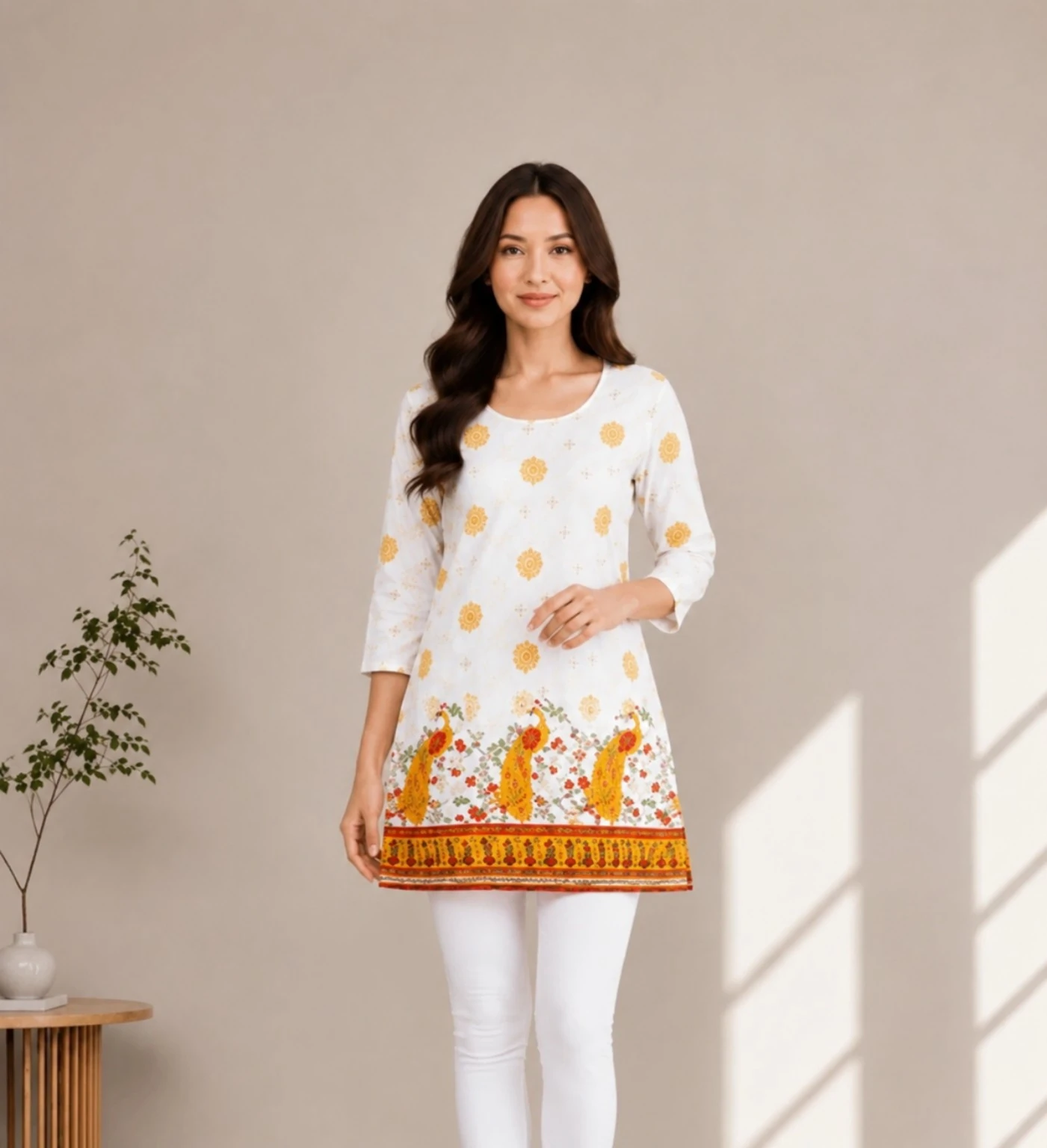 White Floral & Peacock Print Short Kurti
