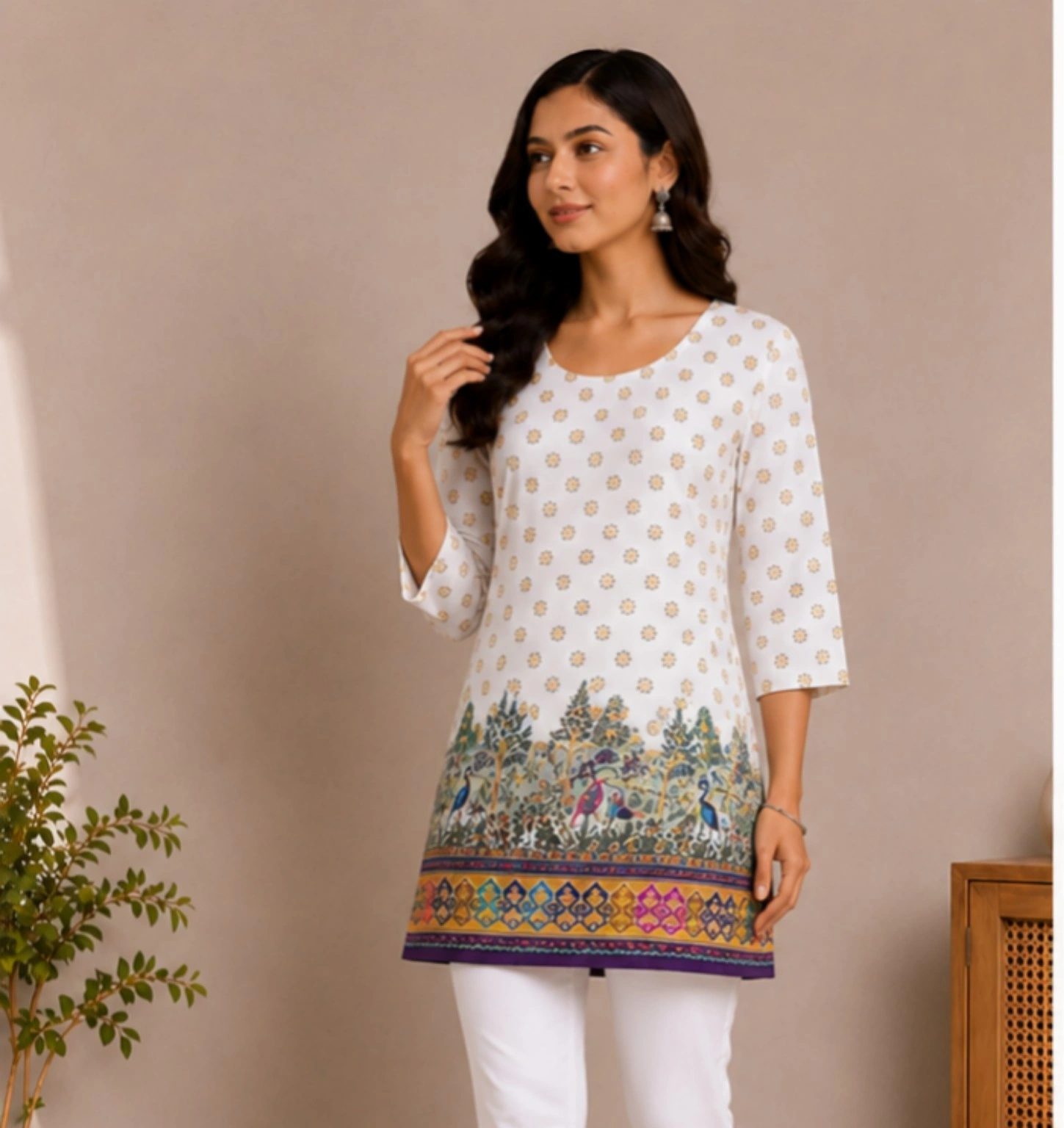 White Peacock Border Short Kurti