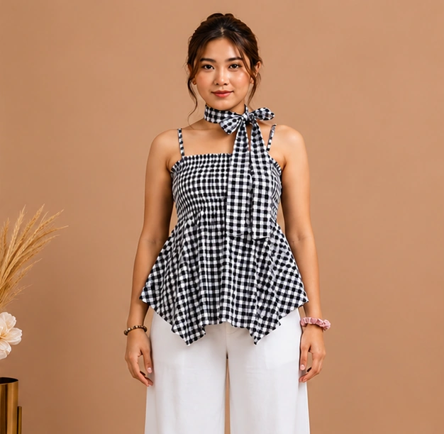 Gingham Halter Neck Top (Black)
