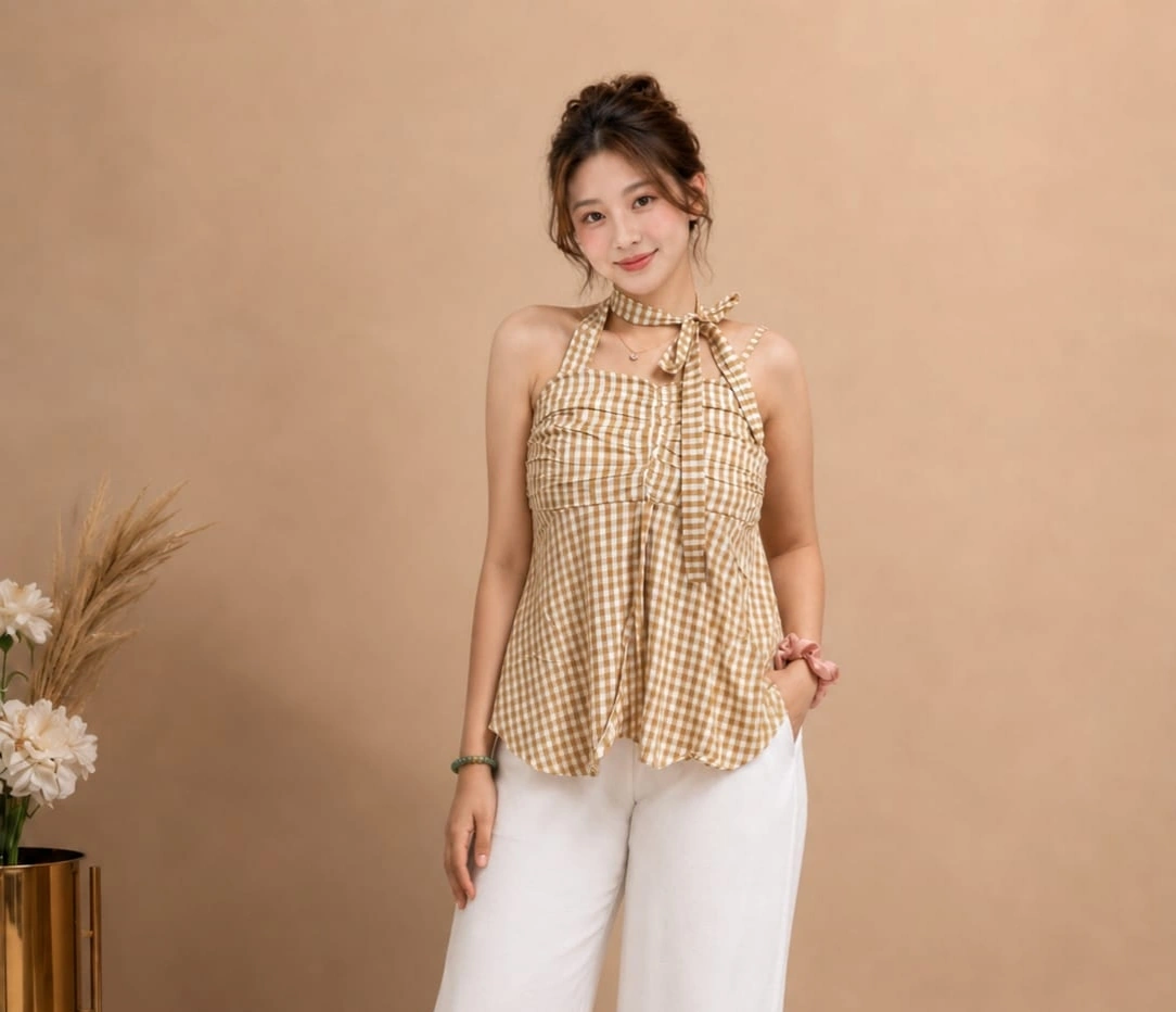 Gingham Halter Neck Top(Beige& white)