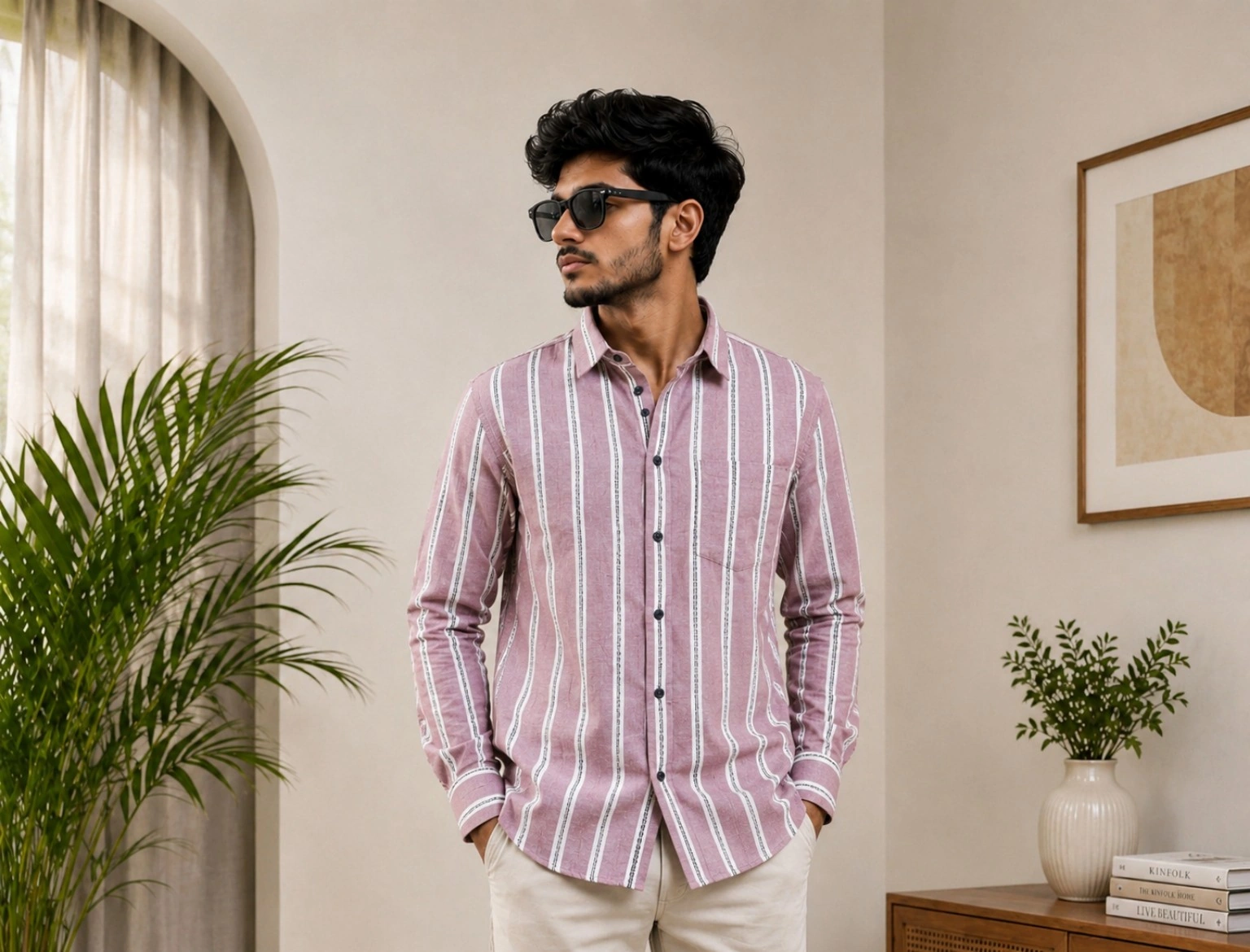 Dusty Pink Vertical Striped Casual Shirt