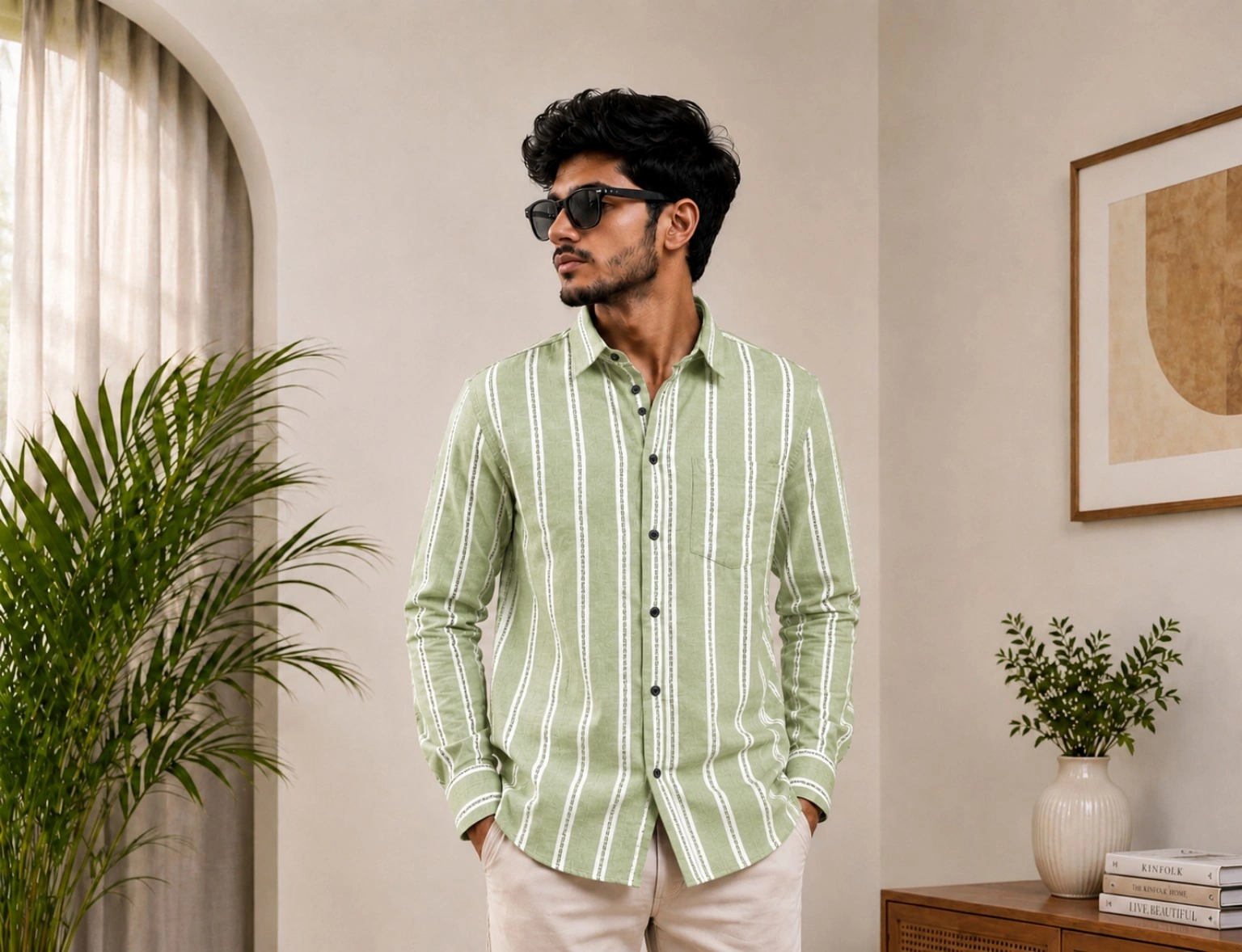 Olive Green Vertical Stripe Shirt