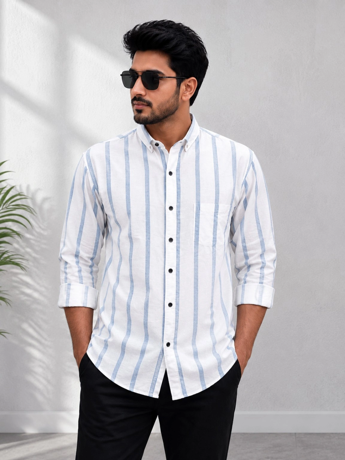 Men's White & Sky Blue Vertical Striped Shirt