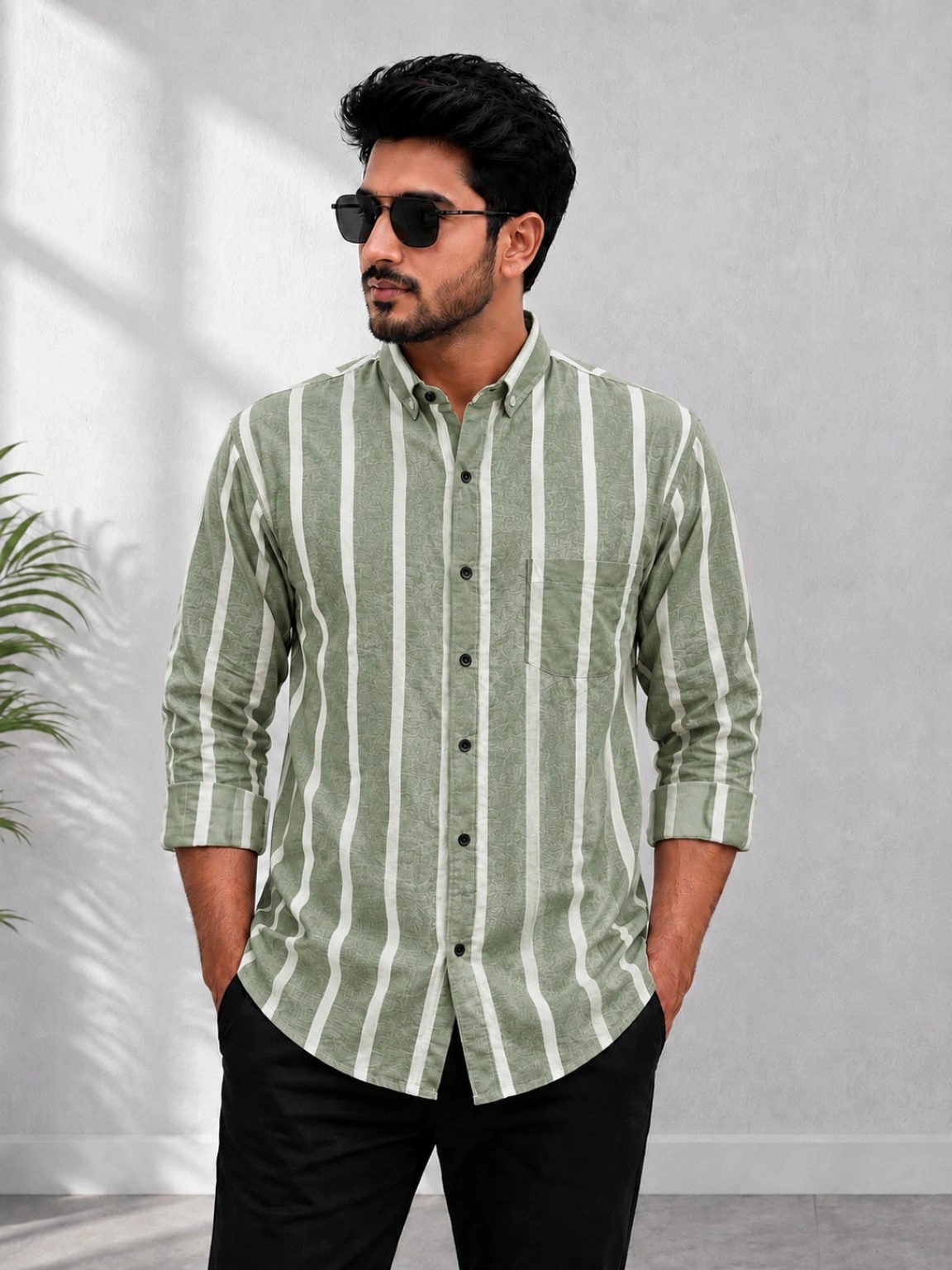 Men's Olive Green Vertical Striped Shirt