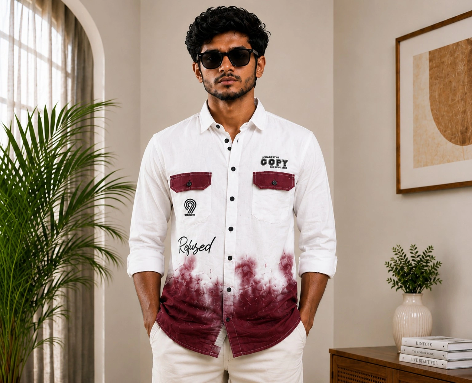 Men's White & Maroon Ombre Casual Shirt