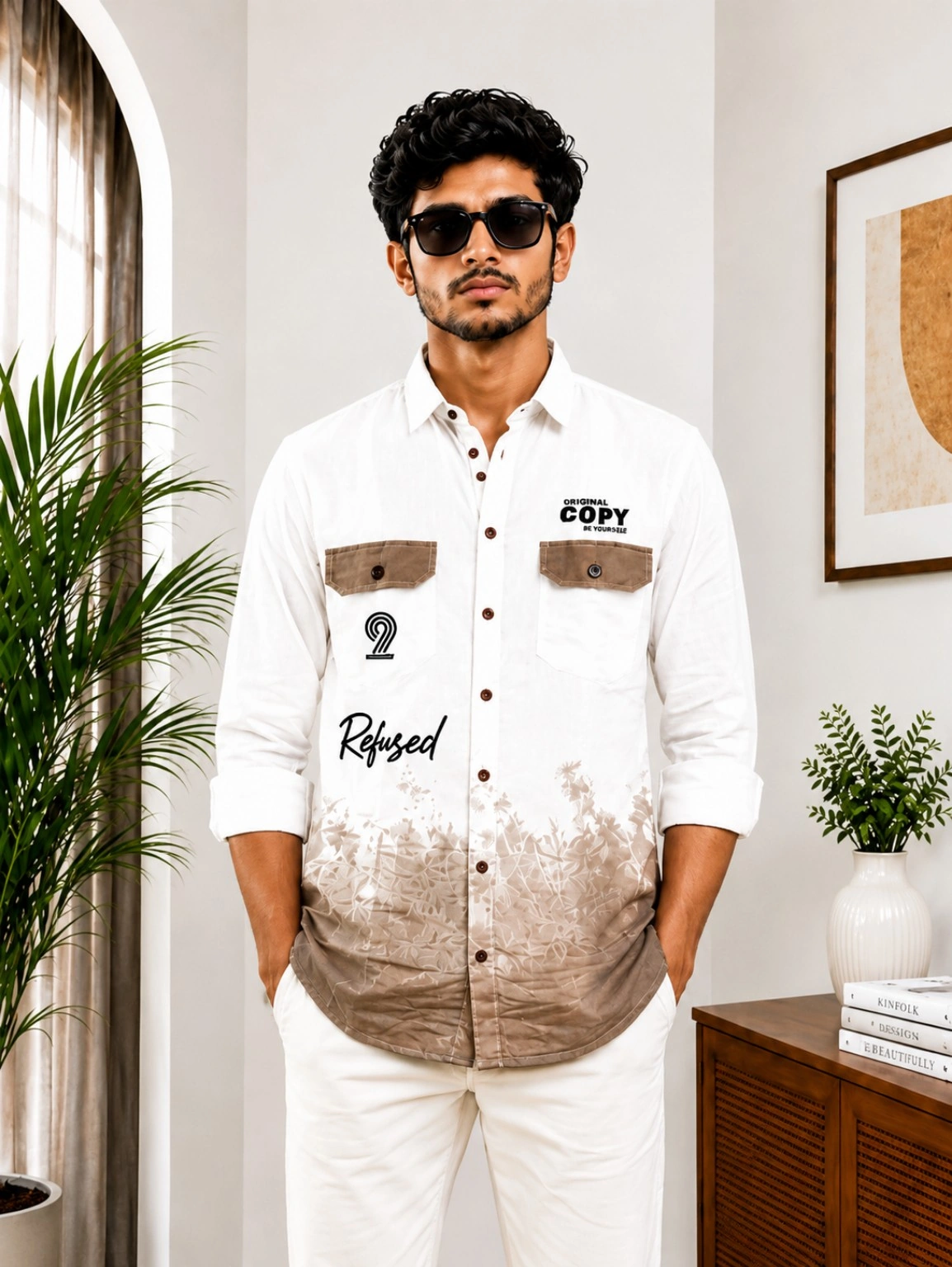 Men's White & Brown Ombre Printed Casual Shirt